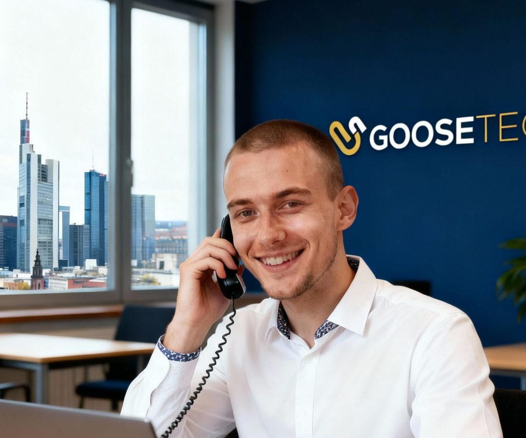 Ein junger Mann sitzt mit einem Laptop am Tisch und berät einen Kunden am Telefon.